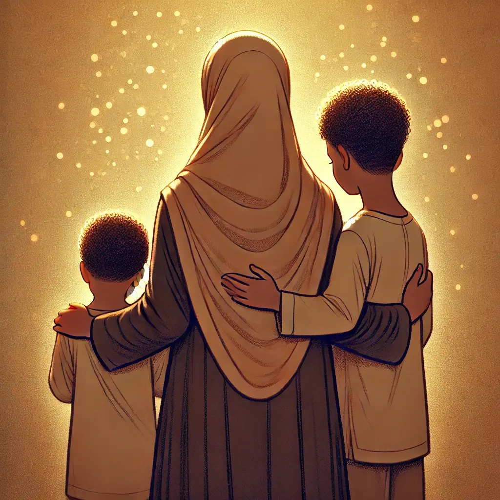 Illustration jeunesse chaleureuse d’une maman musulmane voilée vue de dos avec ses deux fils, représentant la transmission familiale et l’éducation islamique.