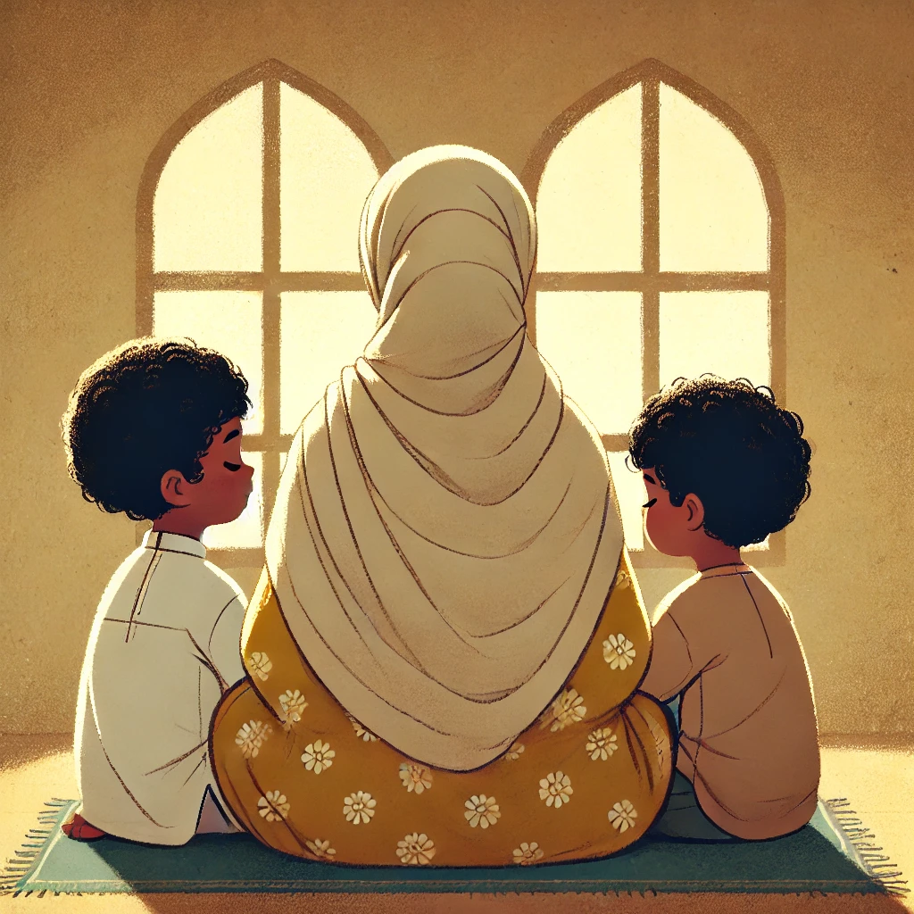 Illustration jeunesse d’une maman musulmane voilée avec ses deux fils, transmission des valeurs et héritage islamique en famille.