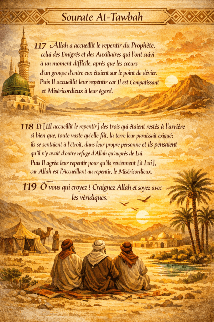 Illustration islamique représentant des compagnons méditant dans le désert, avec les versets 117 à 119 de la sourate At-Tawbah sur le repentir, destinée à une histoire de compagnons pour livre islamique jeunesse.