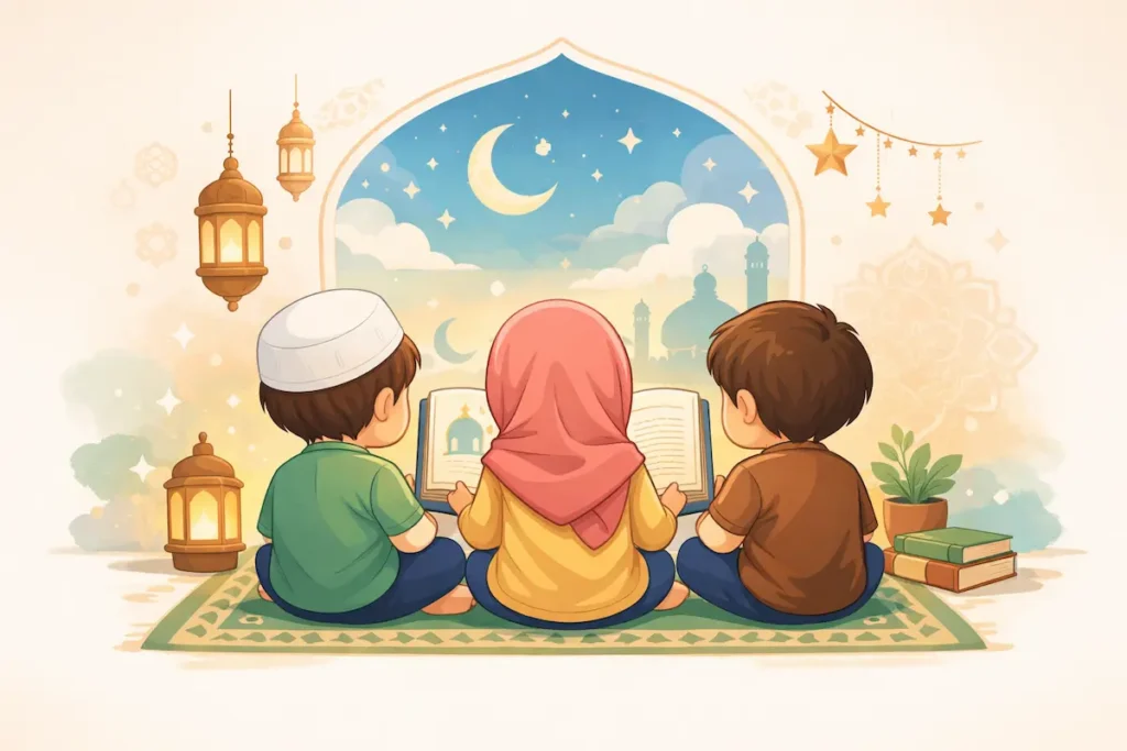 Trois enfants assis de dos sur un tapis de prière, lisant un livre islamique ensemble. La scène est chaleureuse et éducative, avec des lanternes, des motifs islamiques subtils et un ciel étoilé avec un croissant de lune en arrière-plan.