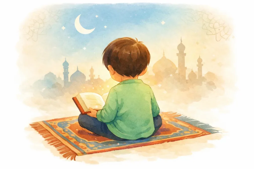 Illustration d’un enfant vu de dos, assis sur un tapis, en train de lire un livre avec une lumière douce, décor pastel avec des motifs islamiques et une silhouette de mosquées à l’arrière-plan, créant une atmosphère paisible et inspirante