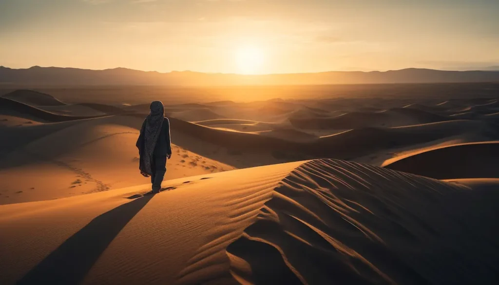 Chemin dans le désert symbolisant la transmission et le parcours de Talha ibn Oubeyd Illah